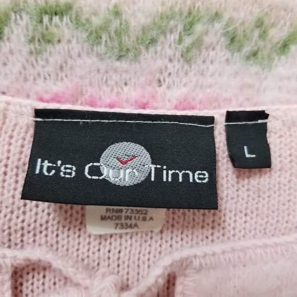 It's Our Time sweater Large fuzzy knit keyhole tie neck fair isle pullover Y2K - Picture 12 of 13